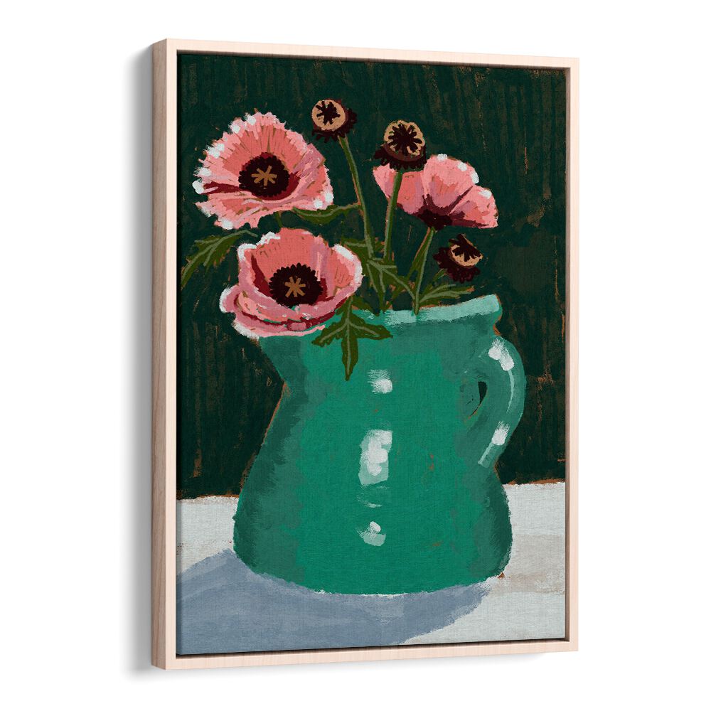 LITTLE GREEN JUG WITH POPPIES, FLORAL FLOWER PAINTINGS brightens any space with vibrant colors and charm.