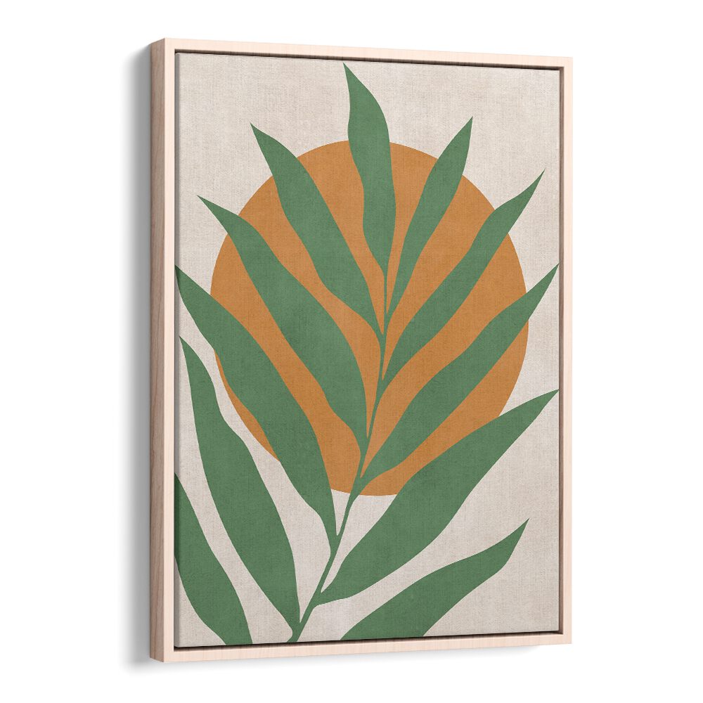TROPICAL III, BOHO ART PAINTINGS feature vibrant green leaves against a warm orange backdrop, perfect for any nature lover's space.