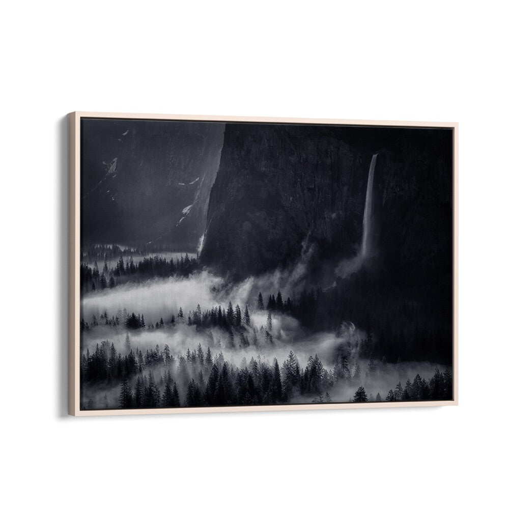 Stunning black and white landscape featuring Bridalveil Fall, part of our ACTIONS AT BRIDALVEIL FALL, PHOTOGRAPHY PRINTS.