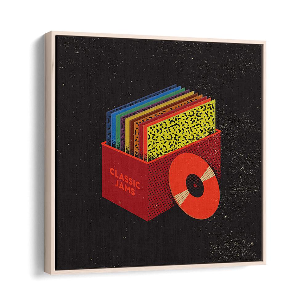 Stylishly framed CLASSIC JAMS, MUSIC POSTERS showcasing vibrant vinyl records in a decorative box. Perfect for music lovers!