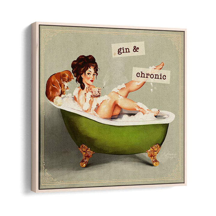Stylish GIN AND CHRONIC, PORTRAITS artwork featuring a woman relaxing in a vintage bathtub with a playful vibe.