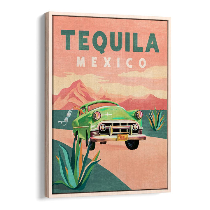 Vibrant TEQUILA MEXICO, TRAVEL POSTERS featuring a classic green car against stunning desert scenery. Perfect decor!