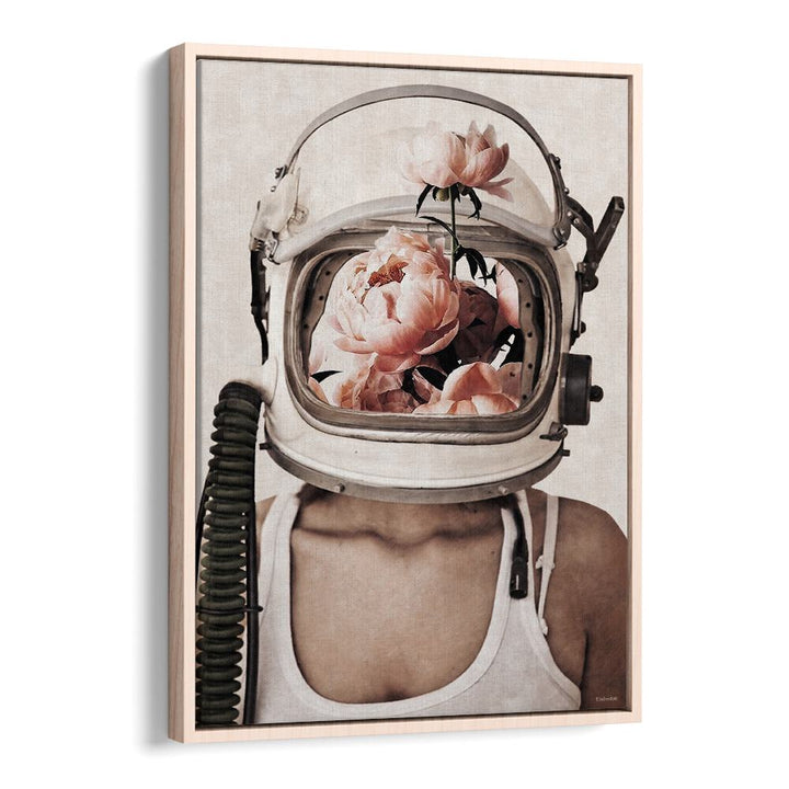 Surreal art print "SPACE BLOOM" by Underdott features an astronaut with vibrant flowers, blending reality and imagination.