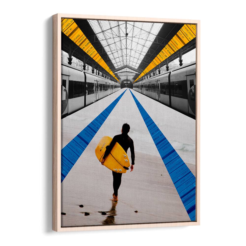 Sleek METRO, SURREAL ART PRINTS featuring a surfer in a vibrant, modern train station setting. Perfect for any space.