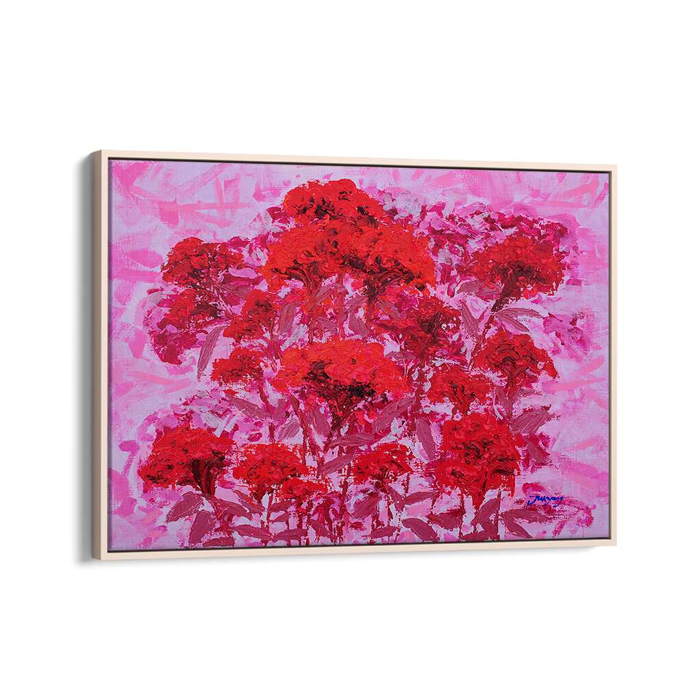 Vibrant COCKSCOMB CANVAS, FLORAL FLOWER PAINTINGS featuring bold red blooms on a soft pink background. Perfect for decor.
