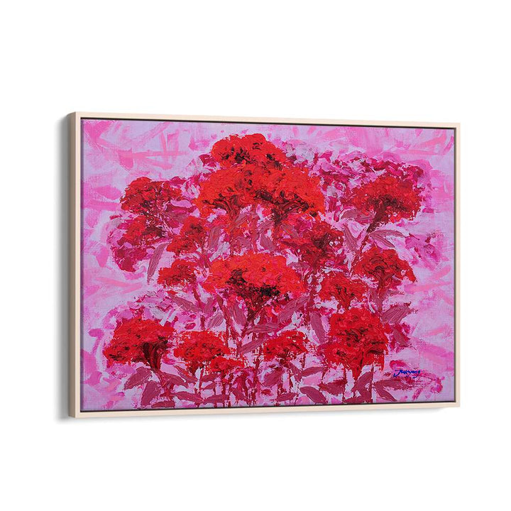 Vibrant COCKSCOMB CANVAS, FLORAL FLOWER PAINTINGS featuring bold red blooms on a soft pink background. Perfect for decor.