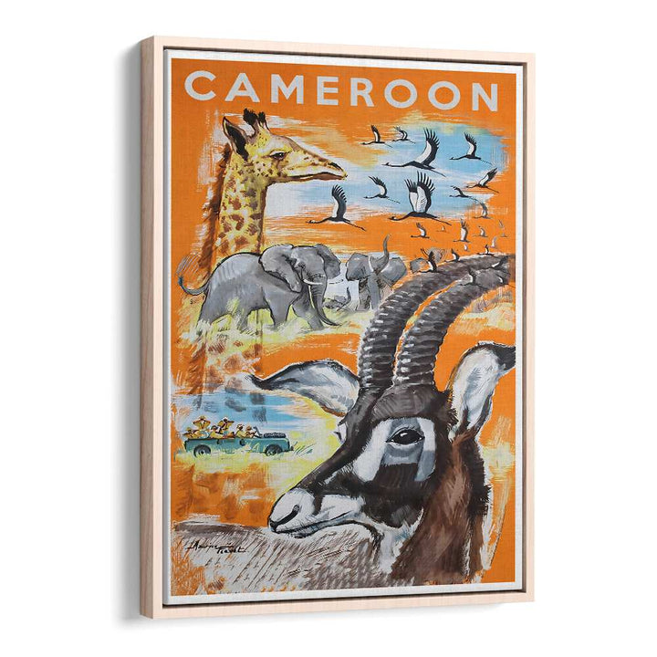 Colorful CAMEROON, VINTAGE TRAVEL POSTERS showcasing wildlife and landscapes, perfect for home or office decor.