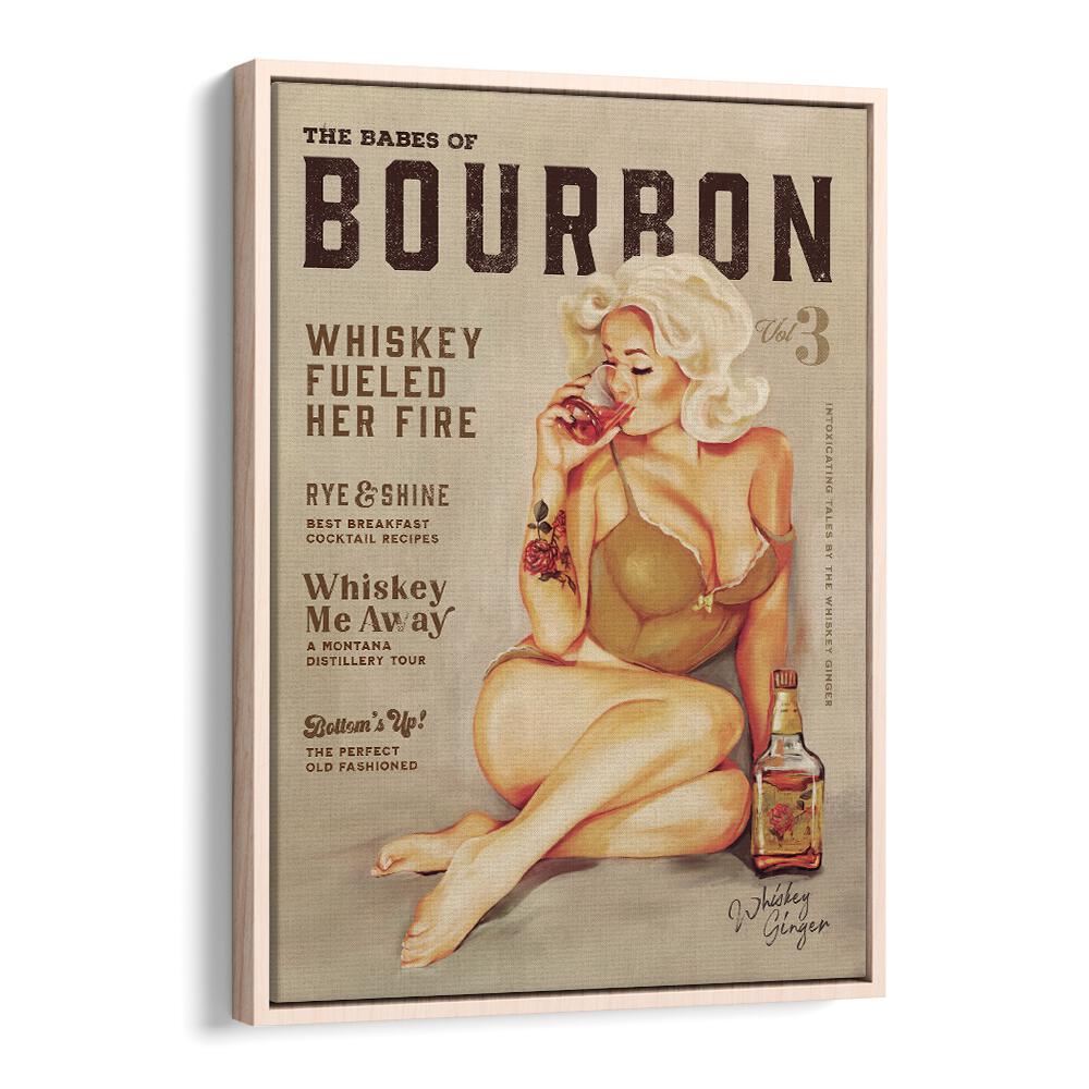 Vintage pin-up art featuring a seductive BOURBON GIRL, BAR & CAFE decor for whiskey enthusiasts. Perfect for any space.