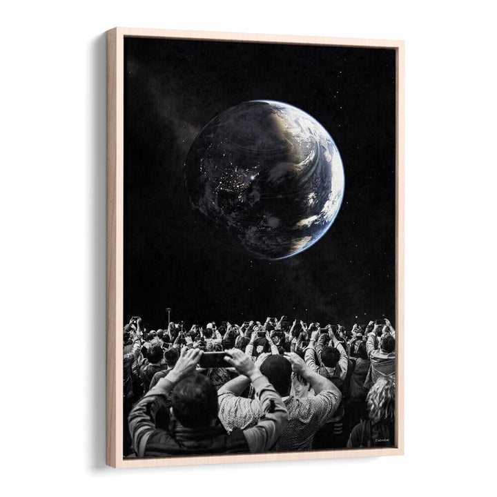 Crowd gazing at a surreal Earth in the OBSERVERS, SURREAL ART PRINTS collection by UNDERDOTT. Experience imagination.