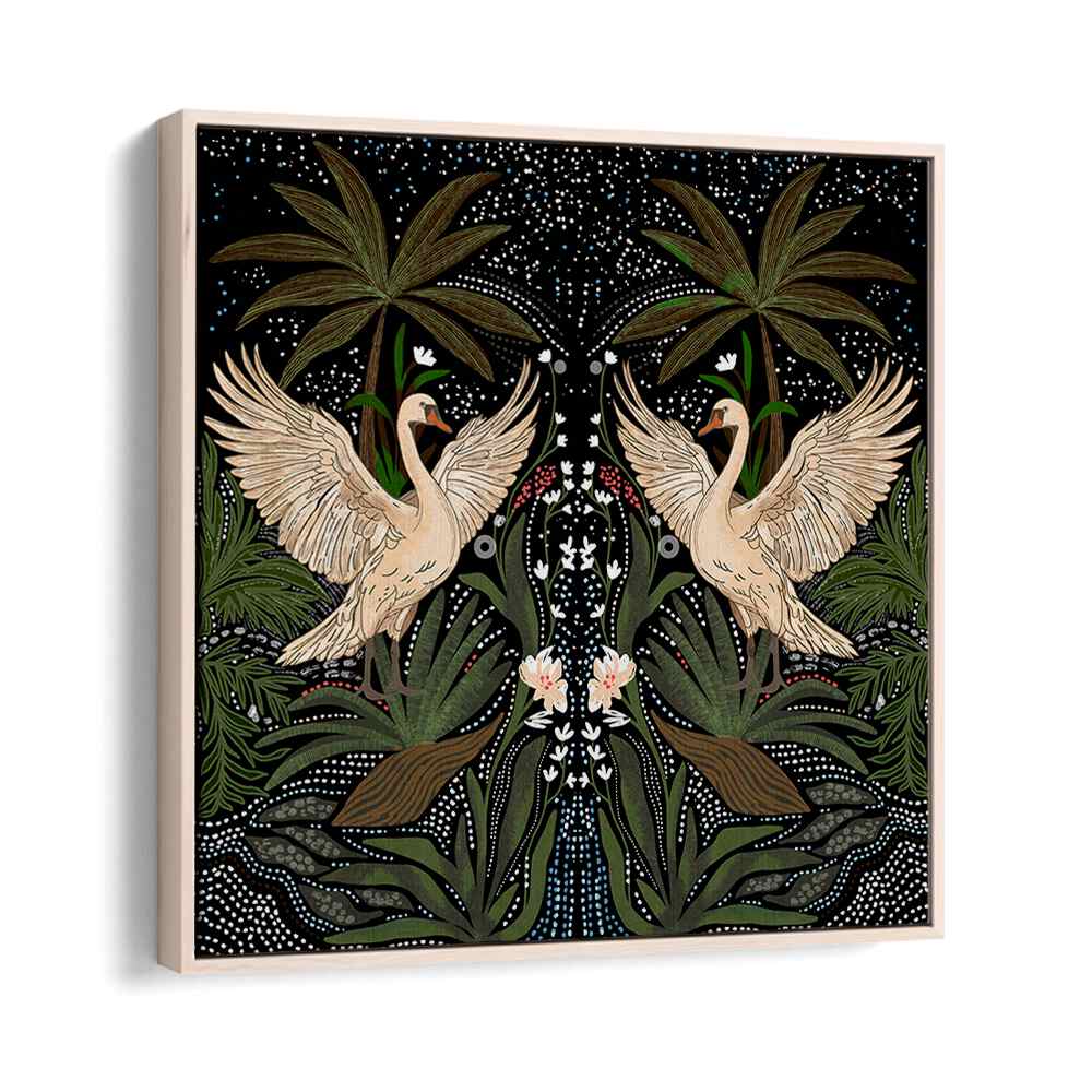 Elegant SWAN DANCE, FLORAL FLOWER PAINTINGS showcasing graceful swans and lush greenery, perfect for any serene space.