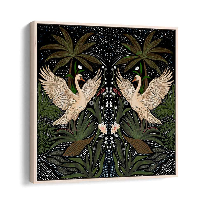 Elegant SWAN DANCE, FLORAL FLOWER PAINTINGS showcasing graceful swans and lush greenery, perfect for any serene space.