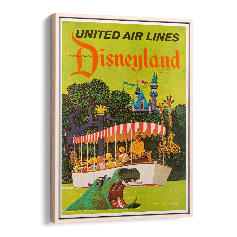 Colorful Disneyland vintage travel poster featuring a boat ride, perfect for nostalgic decor. Ideal for collectors.