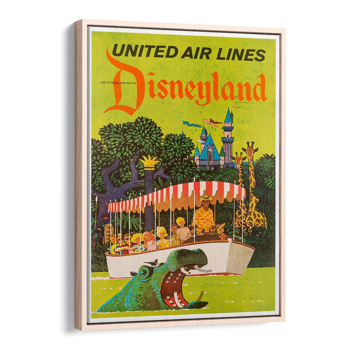 Colorful Disneyland vintage travel poster featuring a boat ride, perfect for nostalgic decor. Ideal for collectors.