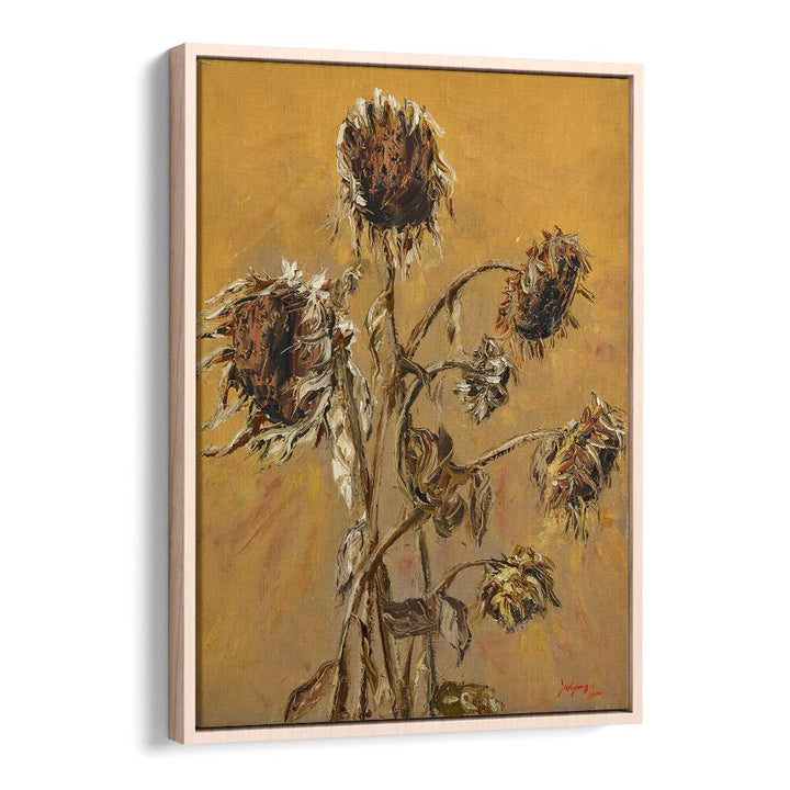 Beautifully framed SUNFLOWER V, FLORAL FLOWER PAINTINGS showcase stunning sunflowers against a warm background.