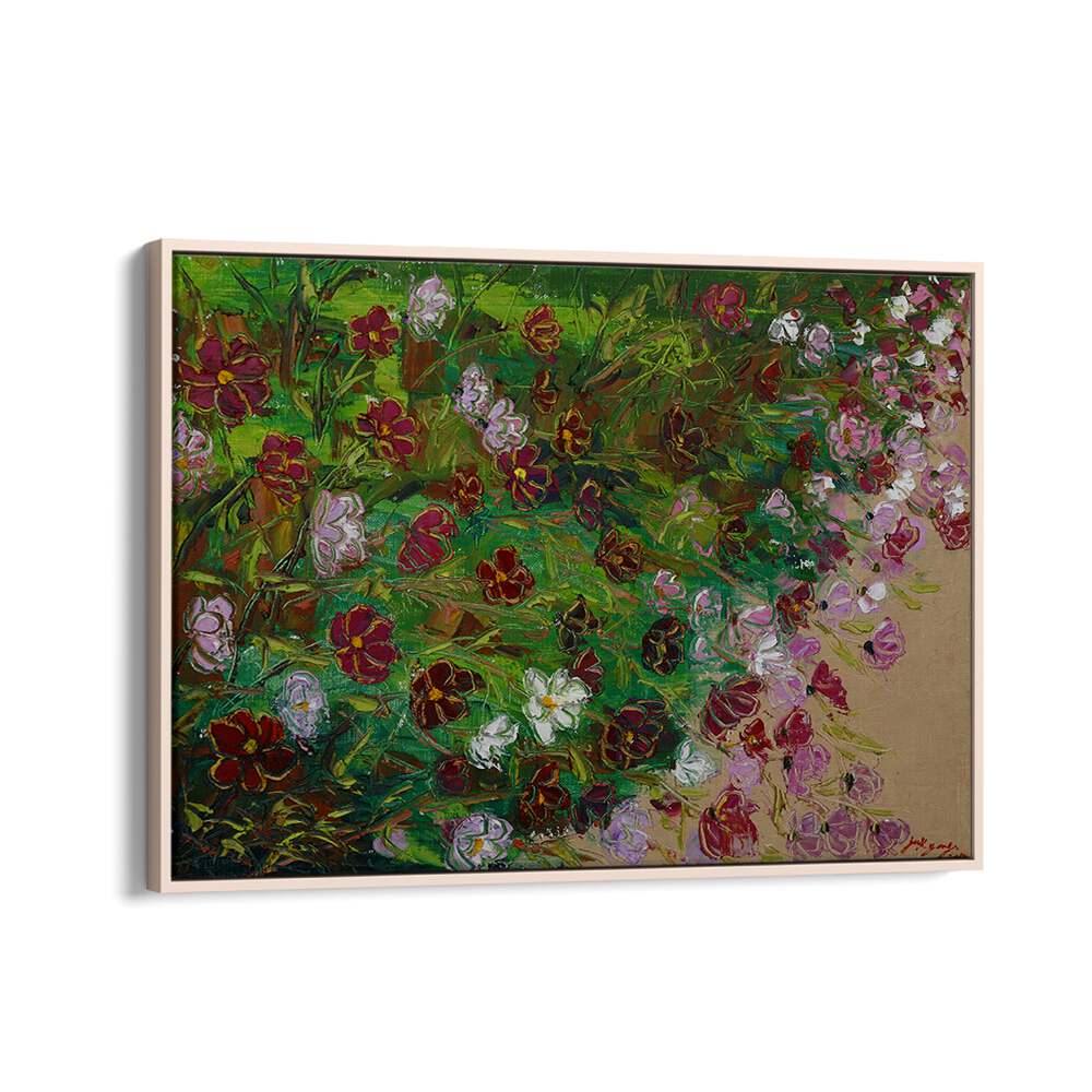 Vibrant COSMOS CANVAS, FLORAL FLOWER PAINTINGS showcasing a beautiful blend of colorful blooms on a green backdrop.