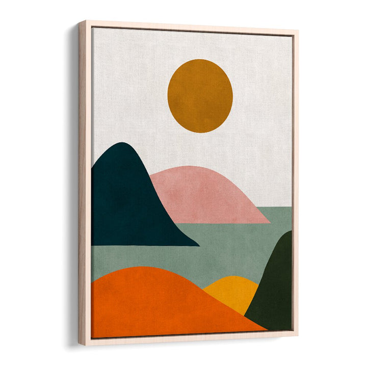 Colorful abstract landscape featuring hills and a sun, perfect for enhancing your space with WATERCOLOR XIII, LANDSCAPE PAINTINGS.