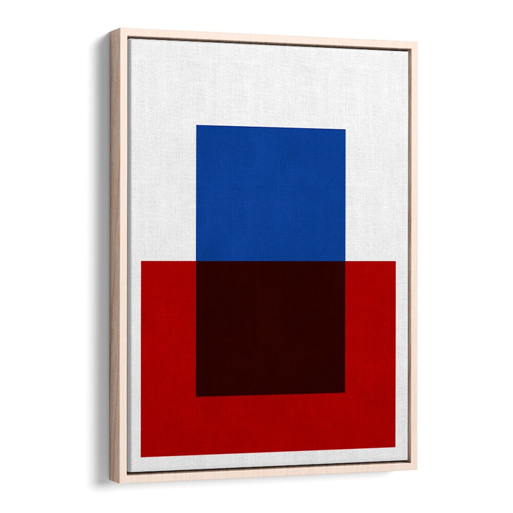 Colorful overlay geometric art prints featuring vibrant blue, red, and brown shapes on a white canvas background.