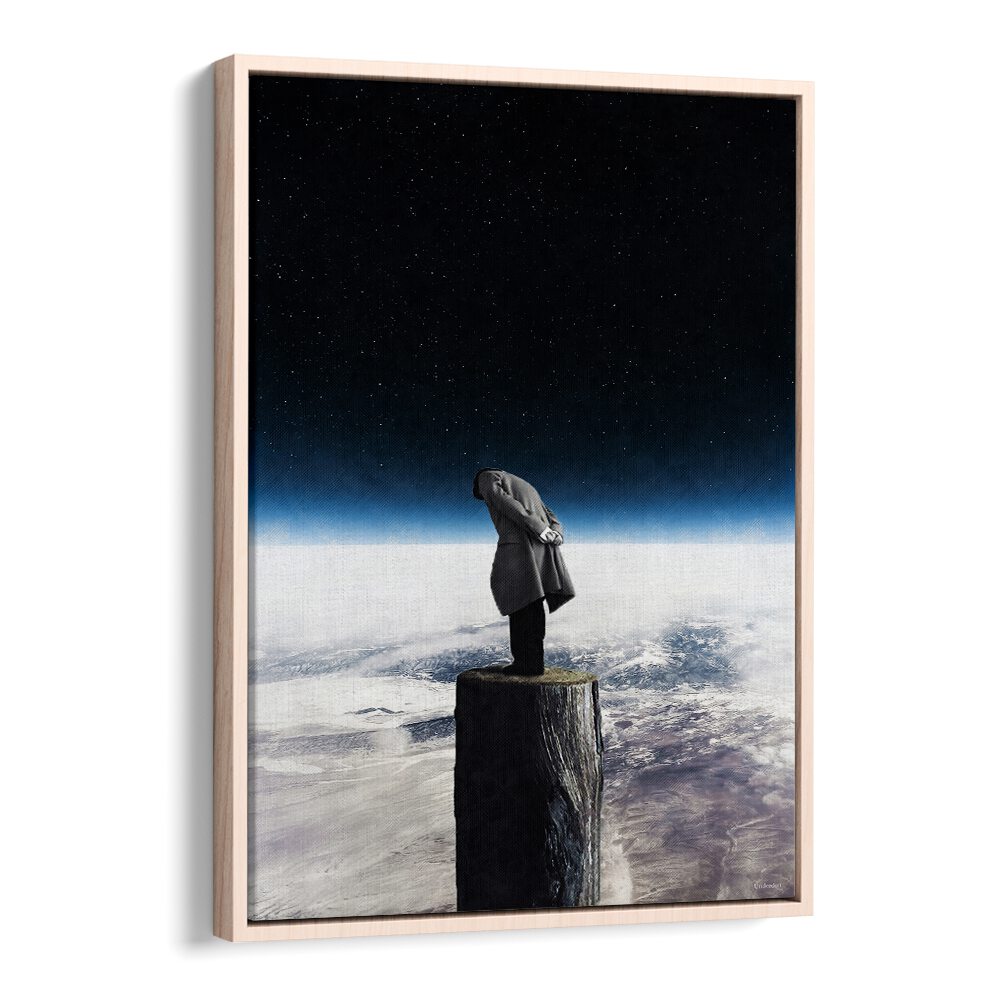 Surreal art print "I ALONE" by UNDERDOTT, capturing imagination with a figure on a floating log in a cosmic landscape.