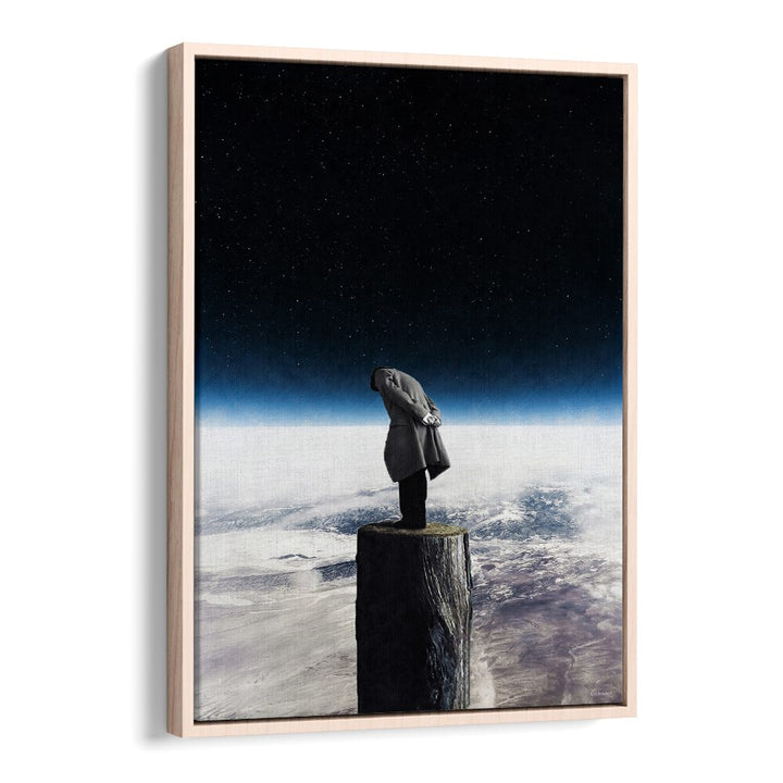 Surreal art print "I ALONE" by UNDERDOTT, capturing imagination with a figure on a floating log in a cosmic landscape.