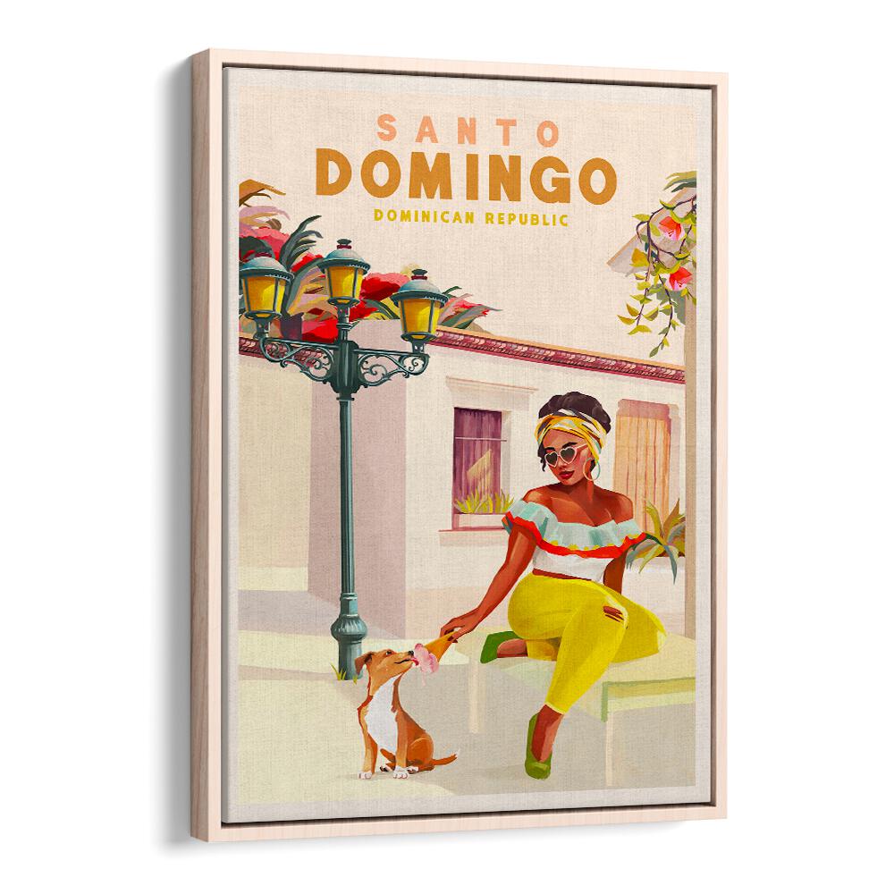 Vibrant SANTO DOMINGO, TRAVEL POSTERS featuring a woman and dog, celebrating Dominican culture and artistry.