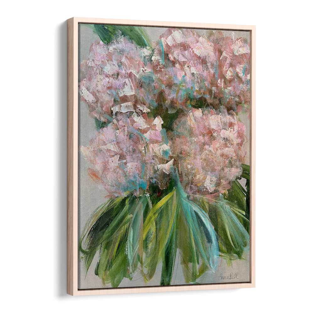 Bright pink hydrangeas with leaves in a stunning floral painting, perfect for home décor by Oakwood Floater.