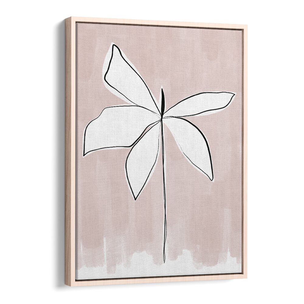 Oakwood framed minimalist white bloom on blush canvas, PETAL WHISPERS , FLORAL FLOWER PAINTINGS