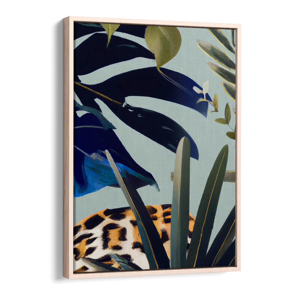 HIDDEN LEOPARD, FLORAL FLOWER PAINTINGS showing a hidden leopard among vibrant tropical leaves by Oakwood Floater.