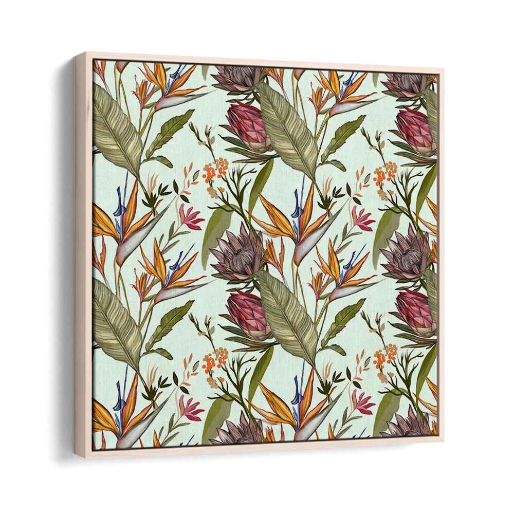 Bright and vibrant SOLOS II, FLORAL FLOWER PAINTINGS featuring exotic blooms and lush foliage in a stylish frame.