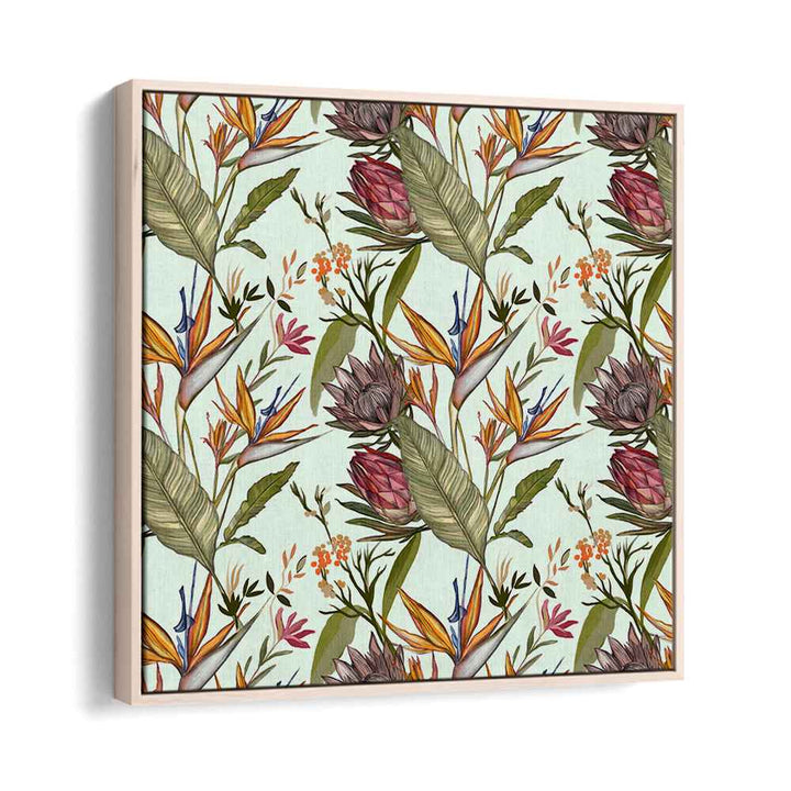 Bright and vibrant SOLOS II, FLORAL FLOWER PAINTINGS featuring exotic blooms and lush foliage in a stylish frame.