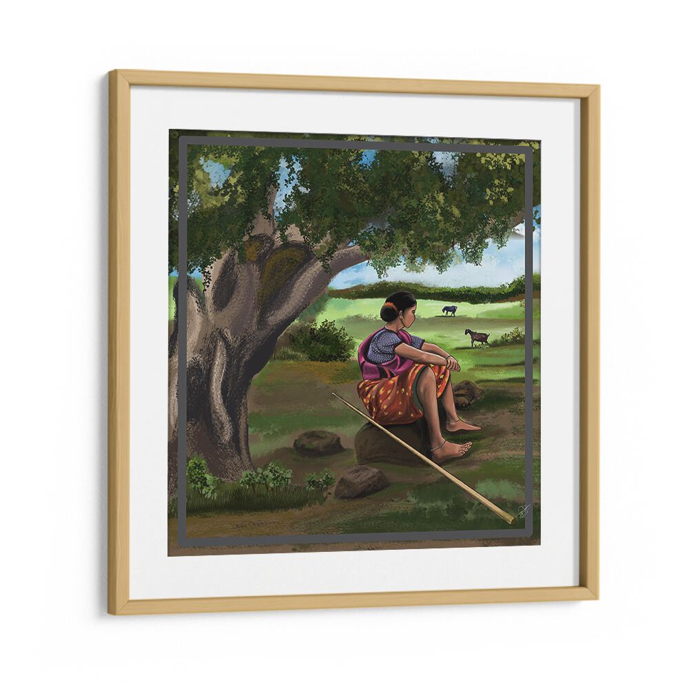 Serene WHISPER OF THE MEADOWS, INDIAN ART PAINTINGS captures a woman reflecting under a tree, embodying tranquility.