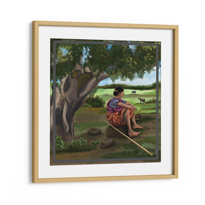 Serene WHISPER OF THE MEADOWS, INDIAN ART PAINTINGS captures a woman reflecting under a tree, embodying tranquility.