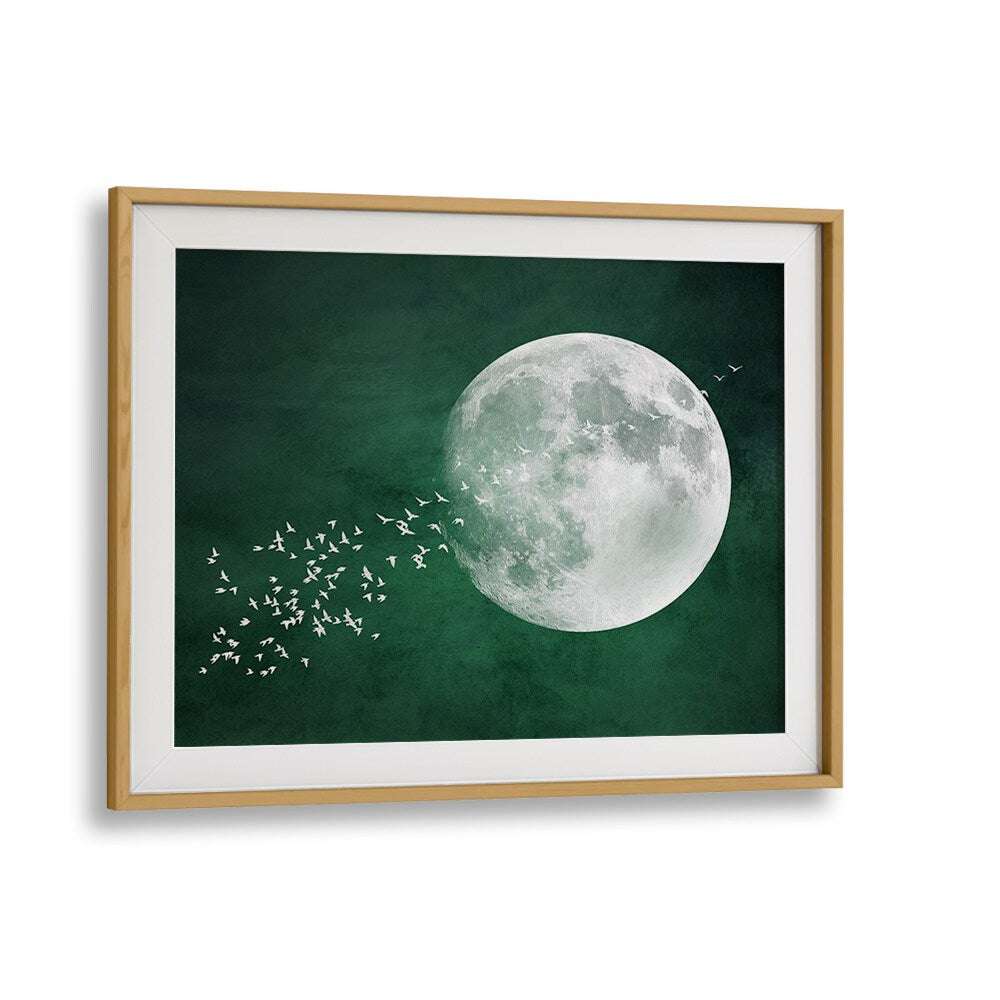 Stunning EMERALD MOON, LANDSCAPE PAINTINGS art print showcasing a celestial scene with birds and a vibrant green backdrop.