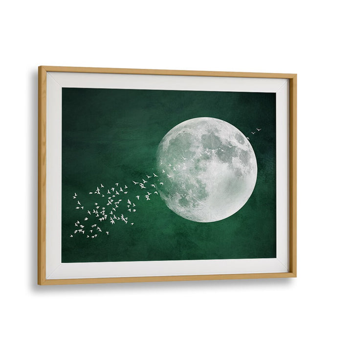 Stunning EMERALD MOON, LANDSCAPE PAINTINGS art print showcasing a celestial scene with birds and a vibrant green backdrop.