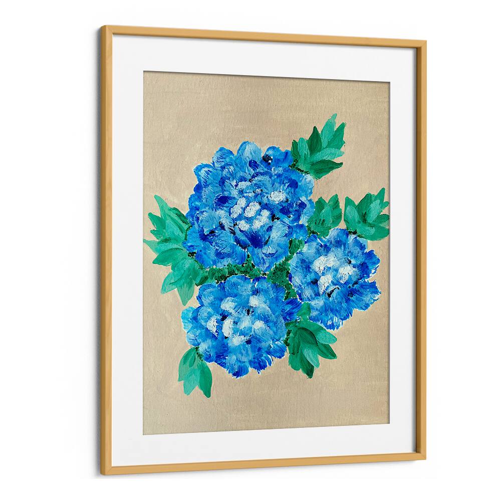 Vibrant blue hydrangeas in a gold background showcase our HYDRANGEA, FLORAL FLOWER PAINTINGS, perfect for any decor.