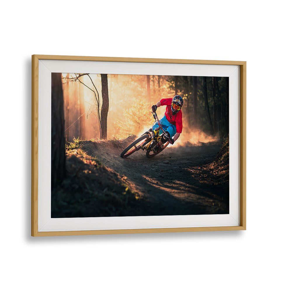 Dynamic mountain biker navigating the trail, featured in GOLDEN BERMED CORNER, PHOTOGRAPHY PRINTS by Oakwood Mount.
