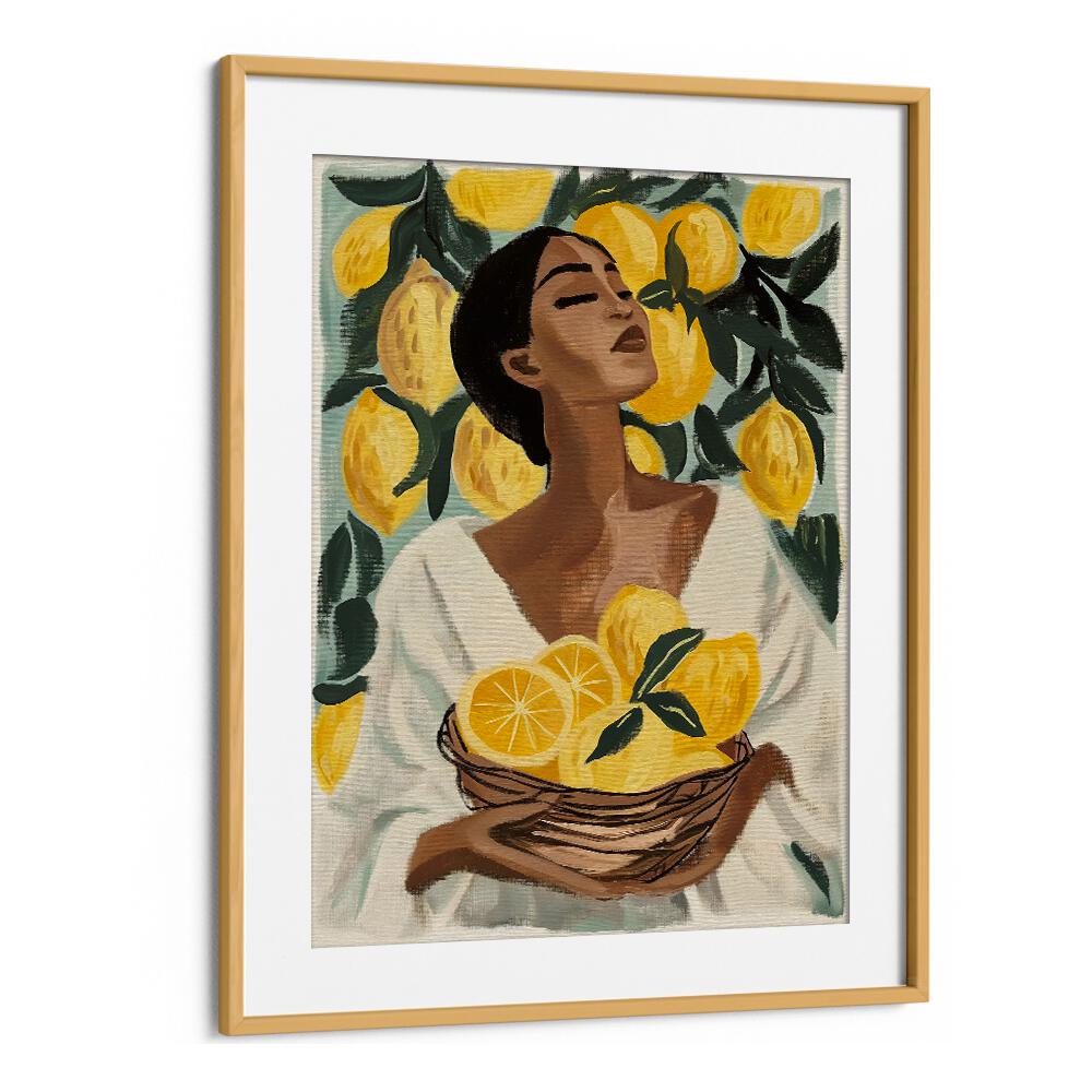 Brighten your home with the LEMON TREE, PORTRAITS art print showcasing a woman surrounded by vibrant lemons.