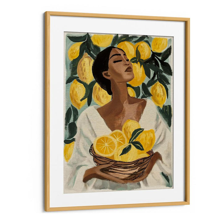 Brighten your home with the LEMON TREE, PORTRAITS art print showcasing a woman surrounded by vibrant lemons.
