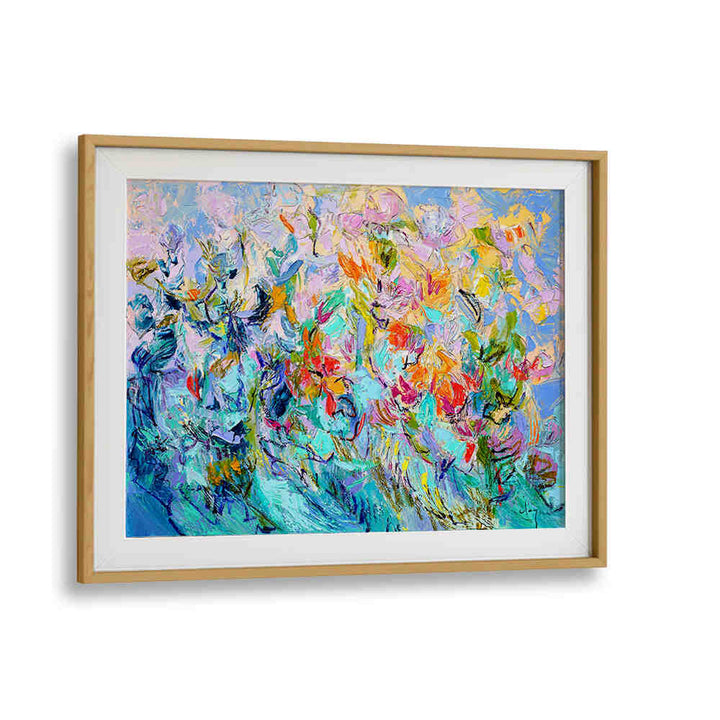 OakwoodMount RADIANT FLORAL HARMONY , FLORAL FLOWER PAINTINGS vibrant abstract floral painting in blue, pink, gold