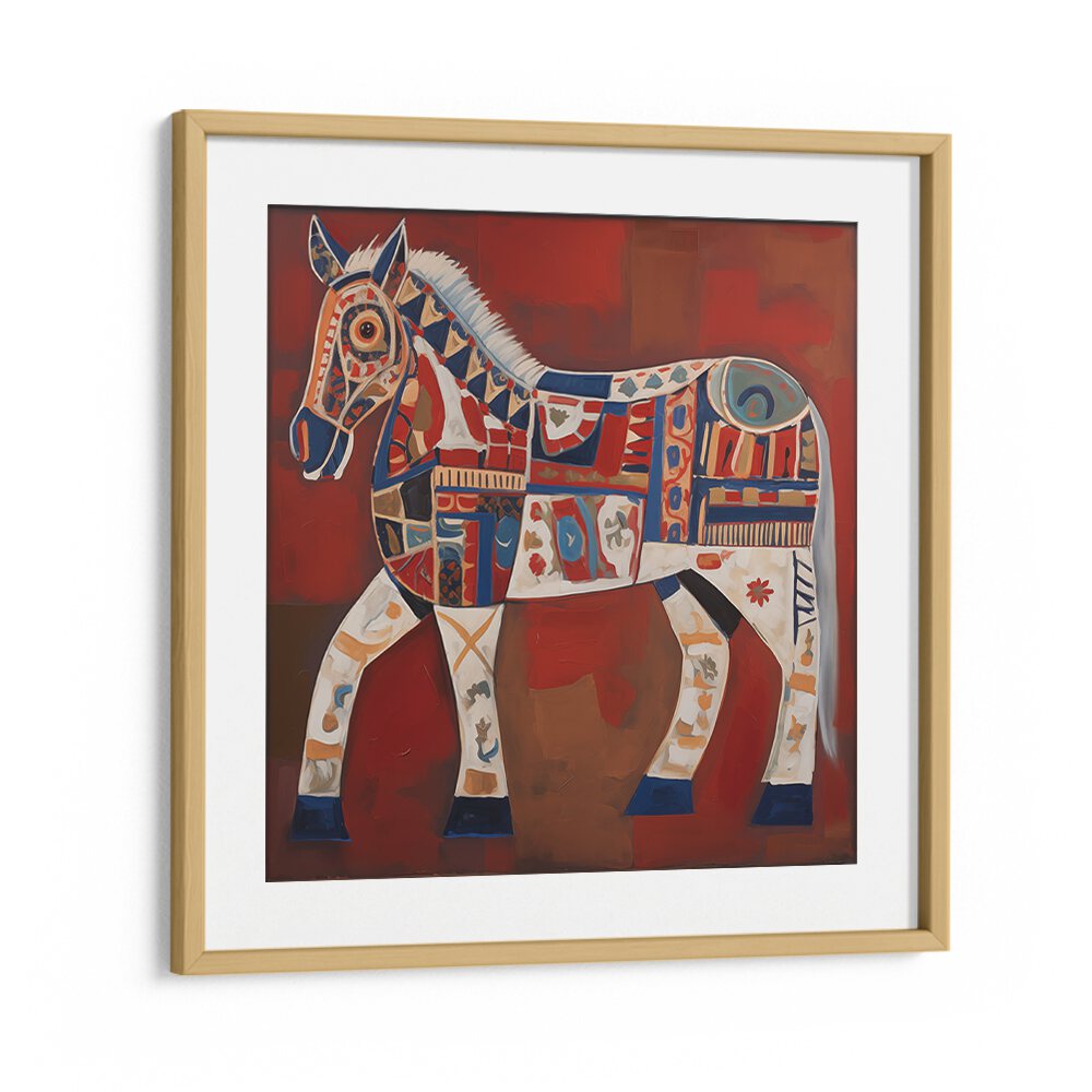 Framed art piece of THE DECORATED HORSE, ANIMAL PAINTINGS, showcasing vibrant colors and majestic design for art lovers.
