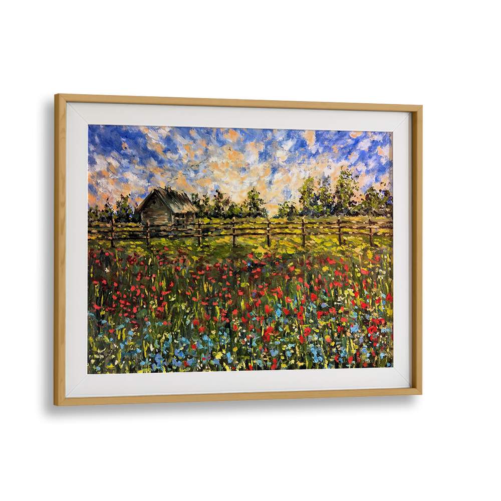 Vibrant COUNTRYSIDE, LANDSCAPE PAINTINGS featuring a colorful field and rustic cabin, perfect for enhancing any room.
