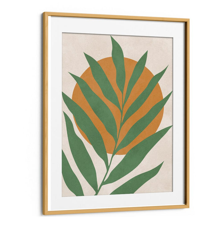 Vibrant TROPICAL III, BOHO ART PAINTINGS featuring lush green leaves and a warm orange backdrop, perfect for home decor.