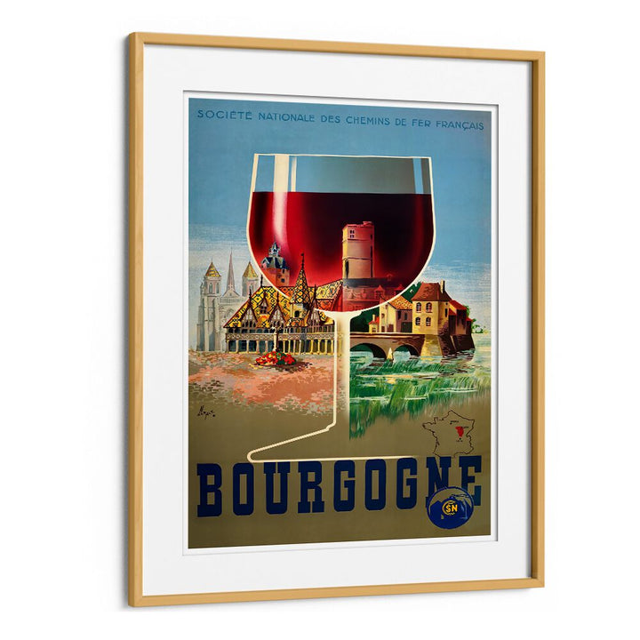 Stunning BOURGOGNE, VINTAGE TRAVEL POSTERS featuring a vibrant wine glass and charming French countryside scenery.