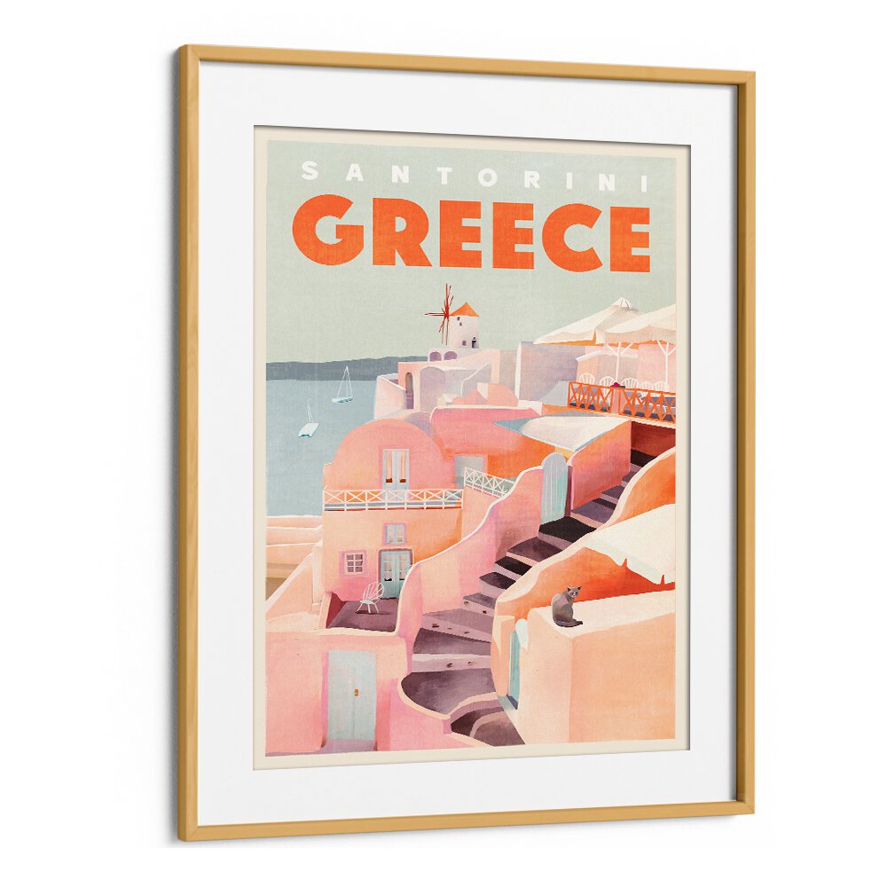 Vintage travel poster showcasing GREECE SANTORINI, TRAVEL POSTERS, featuring iconic architecture and stunning views.