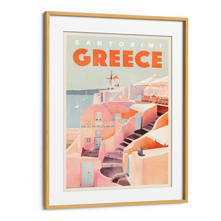 Vintage travel poster showcasing GREECE SANTORINI, TRAVEL POSTERS, featuring iconic architecture and stunning views.