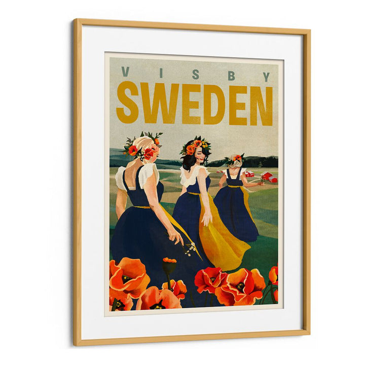 Stylish VISBY SWEDEN FLOWER GIRLS, TRAVEL POSTERS showcasing elegant women in vibrant floral attire and scenic backgrounds.