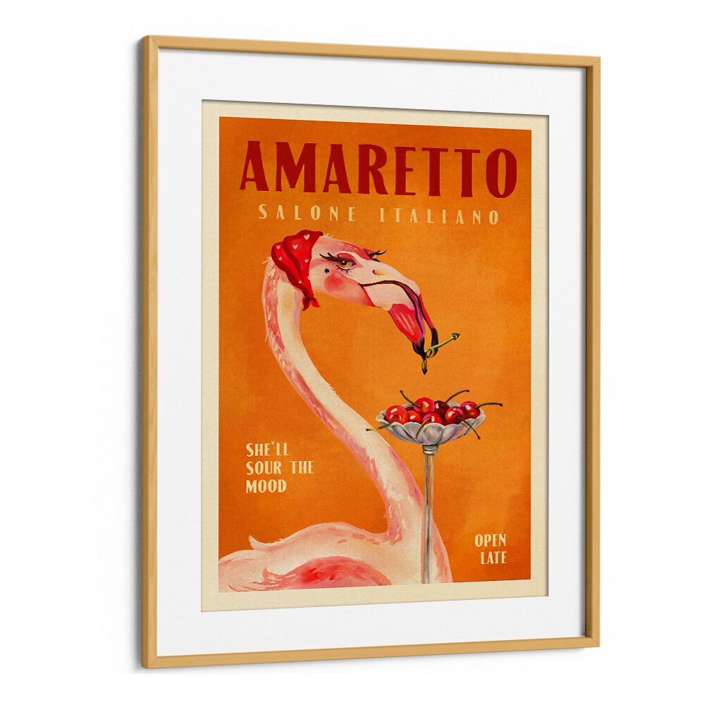 Charming AMARETTO FLAMINGO, BAR art print adds vibrant Italian café elegance to your living space.