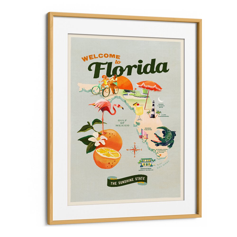 Colorful FRAMED Florida travel poster showcasing the Sunshine State's vibrant culture and landscapes. FLORIDA, TRAVEL POSTERS.