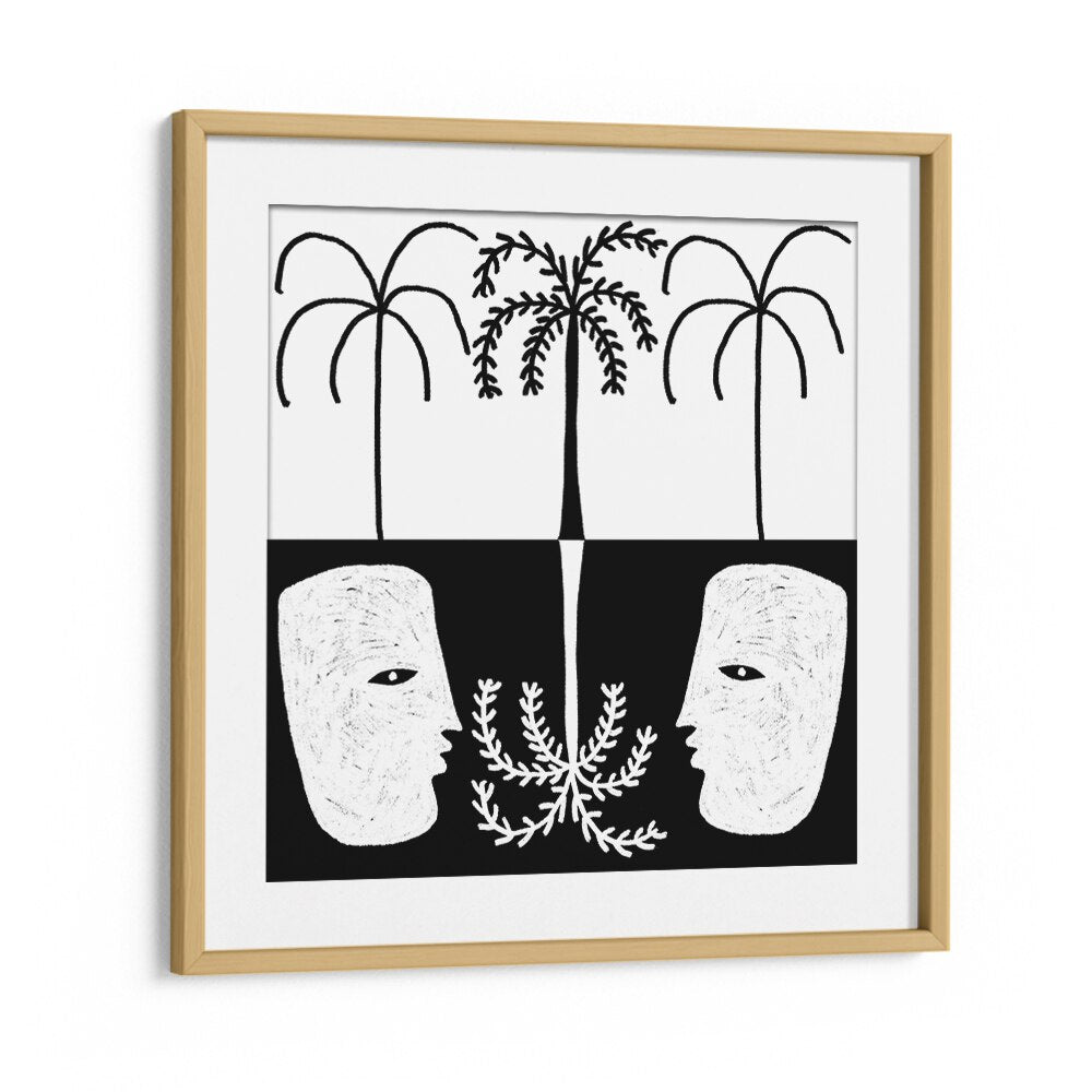 Bohemian artwork featuring two abstract faces and palm trees, titled YEARNING II, BOHO ART PAINTINGS.