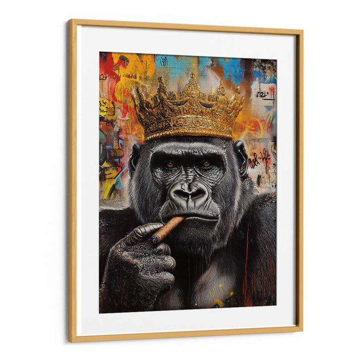 Majestic gorilla with a crown, featured in THE GORILLA KING, ALTERED ART PRINTS for outdoor adventure enthusiasts.