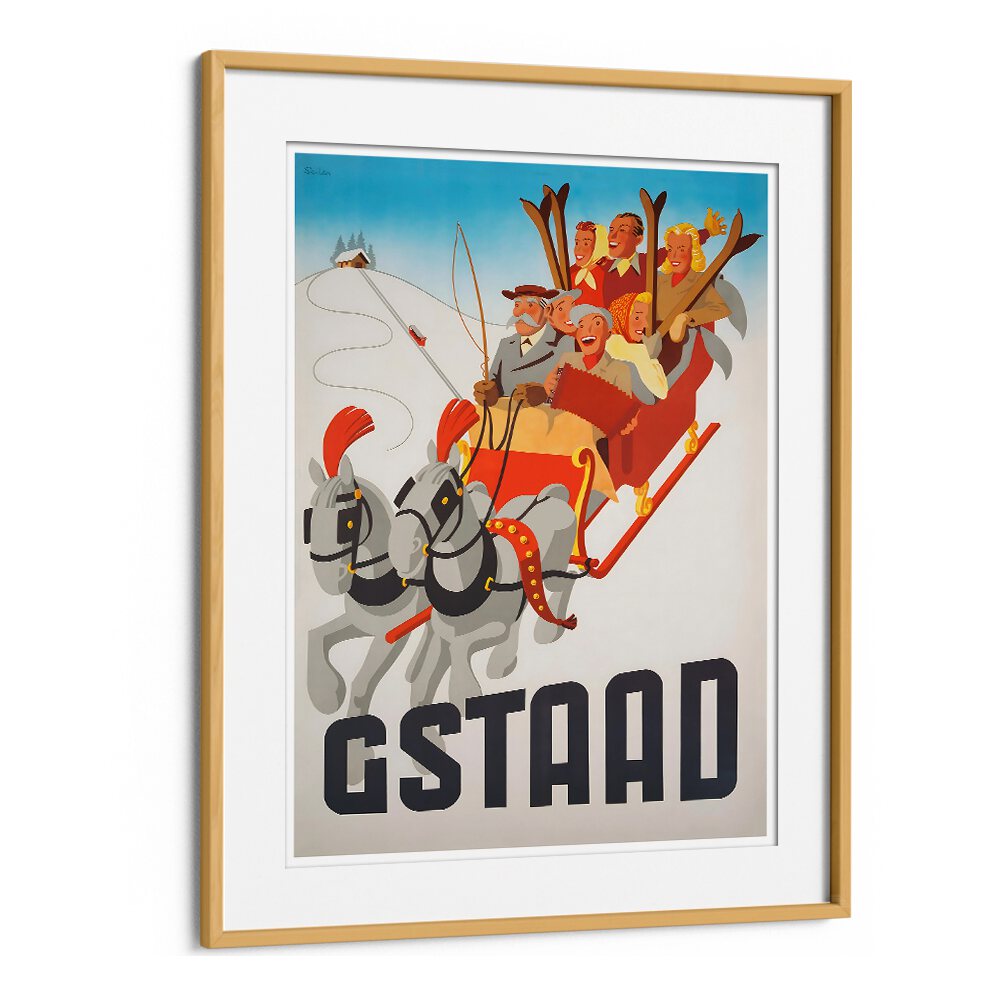 GSTAAD, VINTAGE TRAVEL POSTERS showcase a joyful sleigh ride in the Swiss Alps, perfect for home decor.